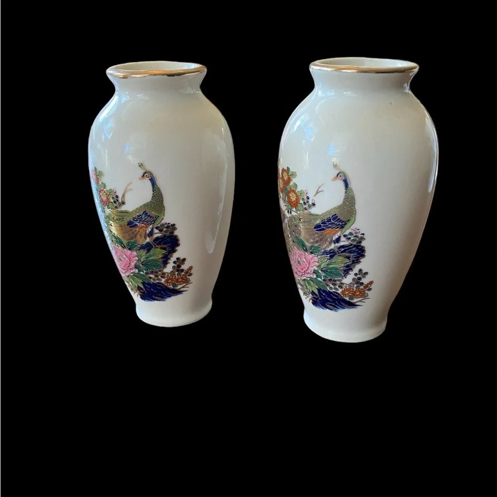 VTG Japanese Satsuma Style Mini Bud Vases 2 Peacock & Floral Ceramic Porcelain